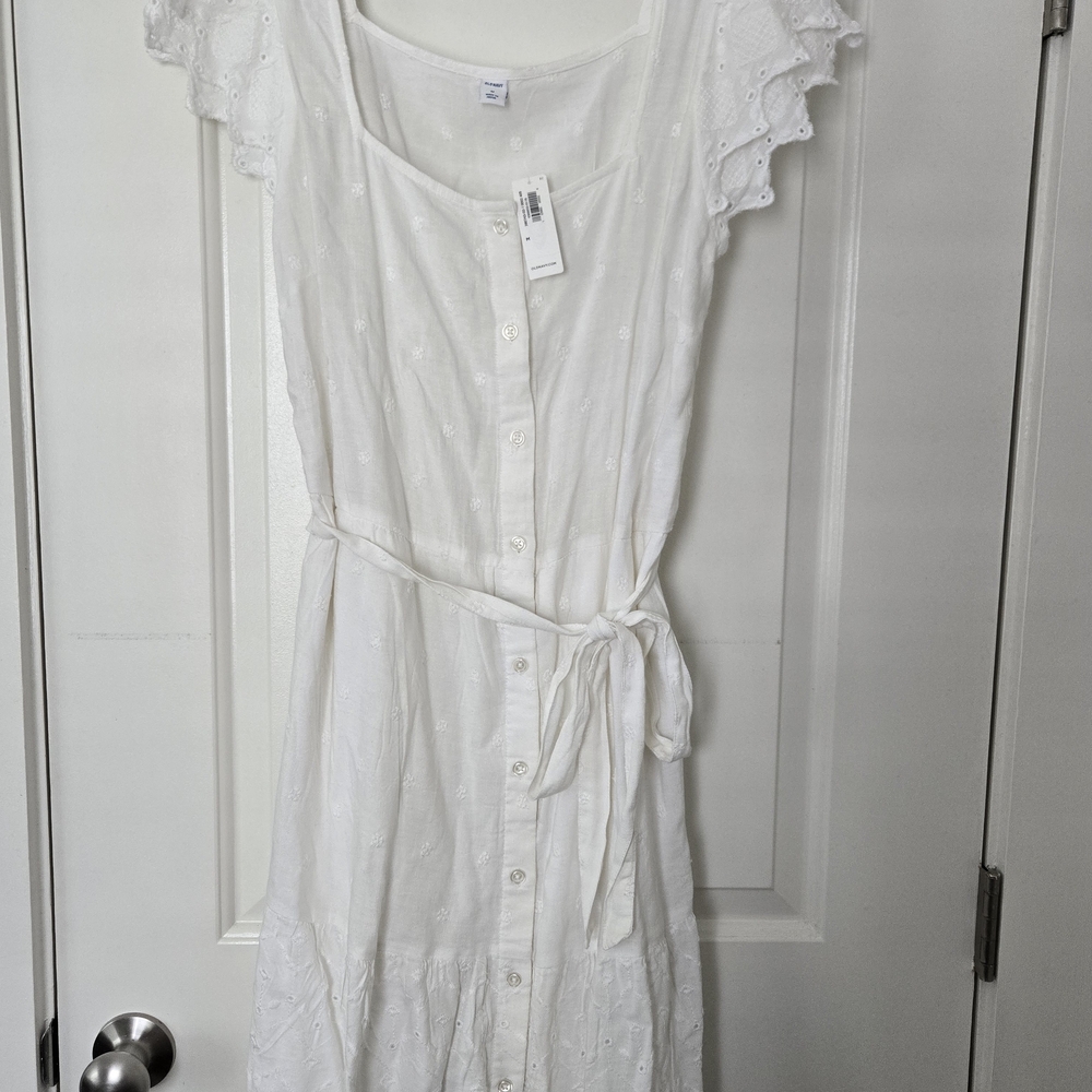 Embroidered Eyelet Waiste-defined Tie-belt Flutter Sleeve Midi Sundress